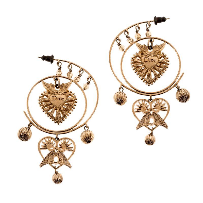 

Dior Heart Wings Filigree Gold Tone Long Dangle Earrings