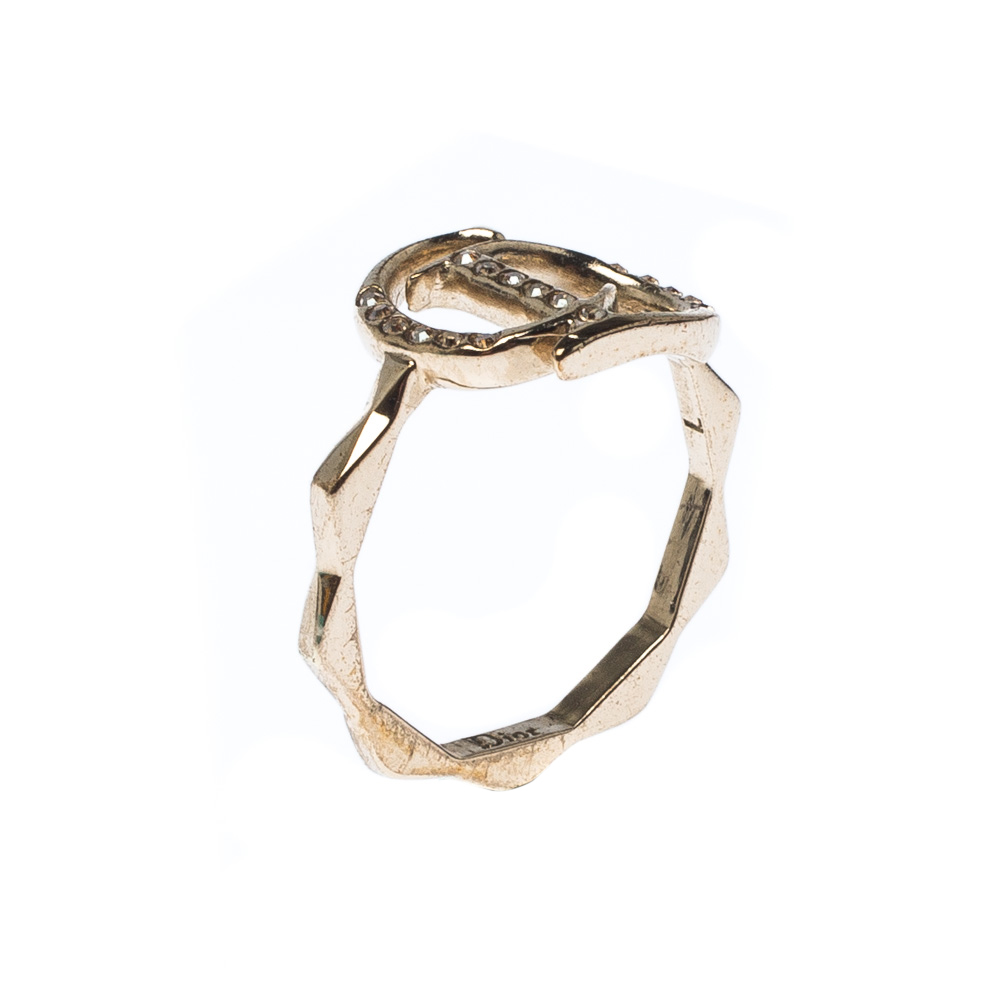 مملوكة مسبقًا Dior Gold Tone Crystal Embedded Logo Ring Size 55