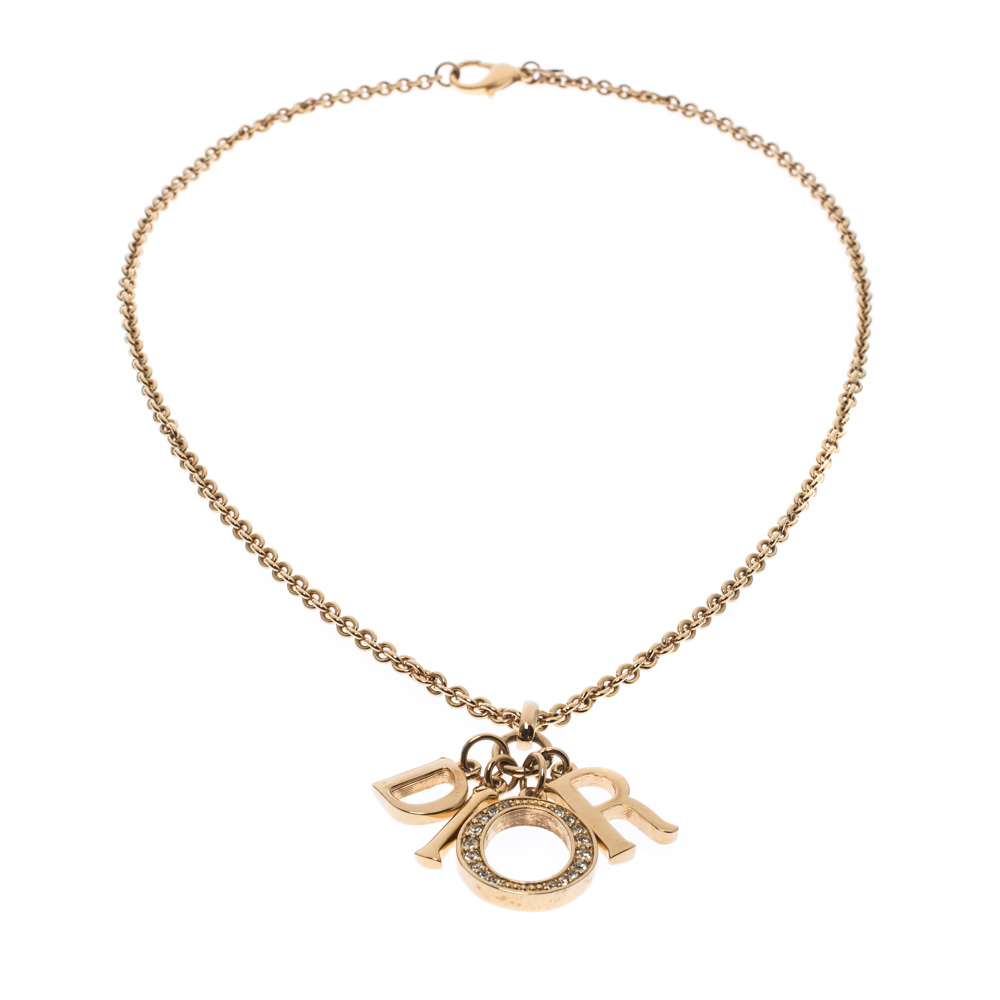 Dior Letter Charm Crystal Gold Tone Pendant Necklace Dior TLC