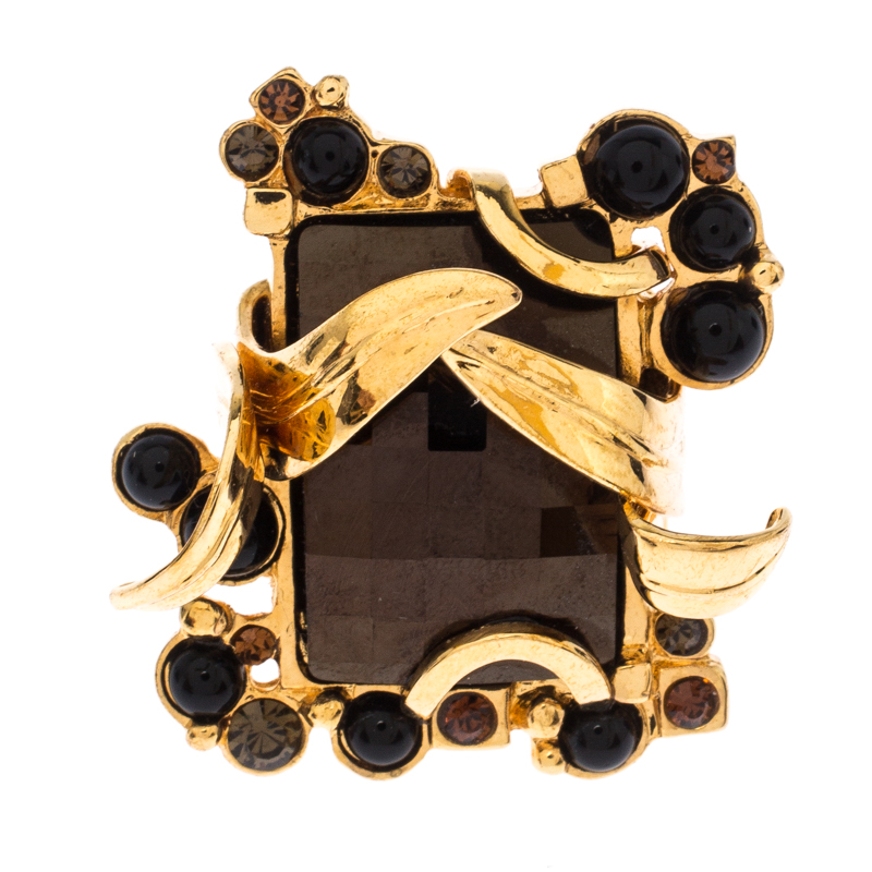 

Dior Gold Tone Smoky Quartz Crystal Cocktail Ring 58, Brown