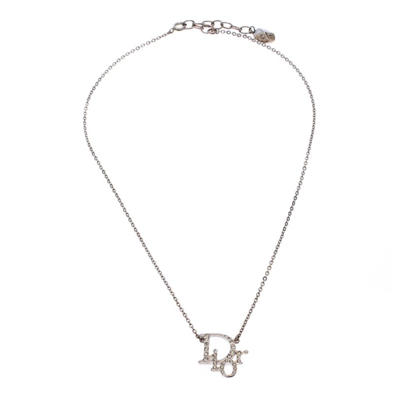 

Dior Silver Tone Crystal Accented Logo Pendant Necklace