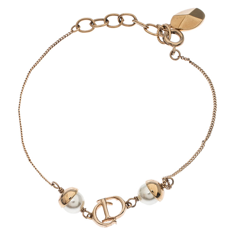 Pre Owned Dior Mise En Dior Faux Pearl Gold Tone Bracelet