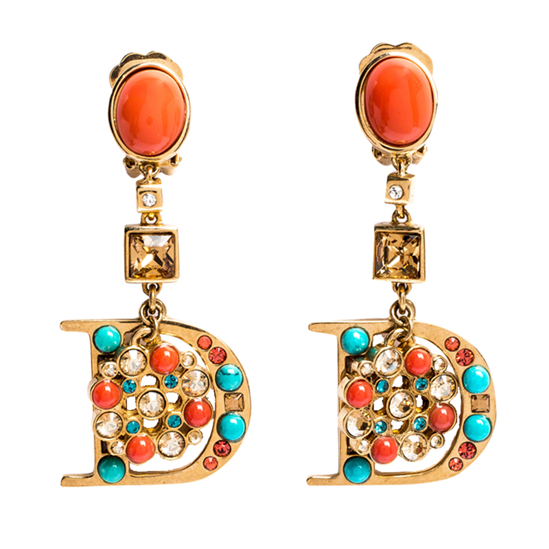 مملوكة مسبقًا Dior Gold Tone Crystal and Beads Drop D Clip-on Earrings