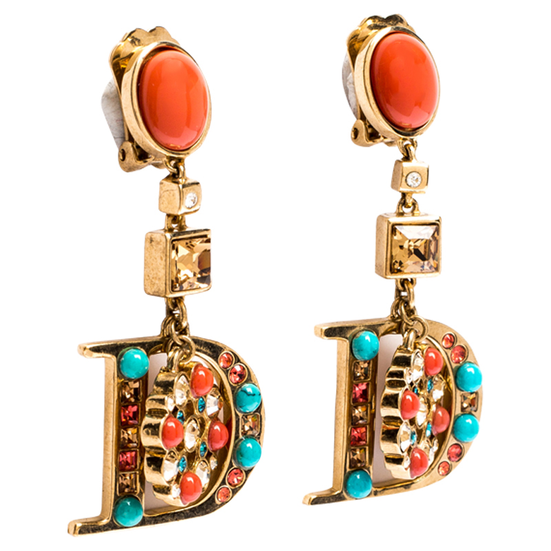 

Dior Gold Tone Crystal and Beads Drop D Clip-on Earrings