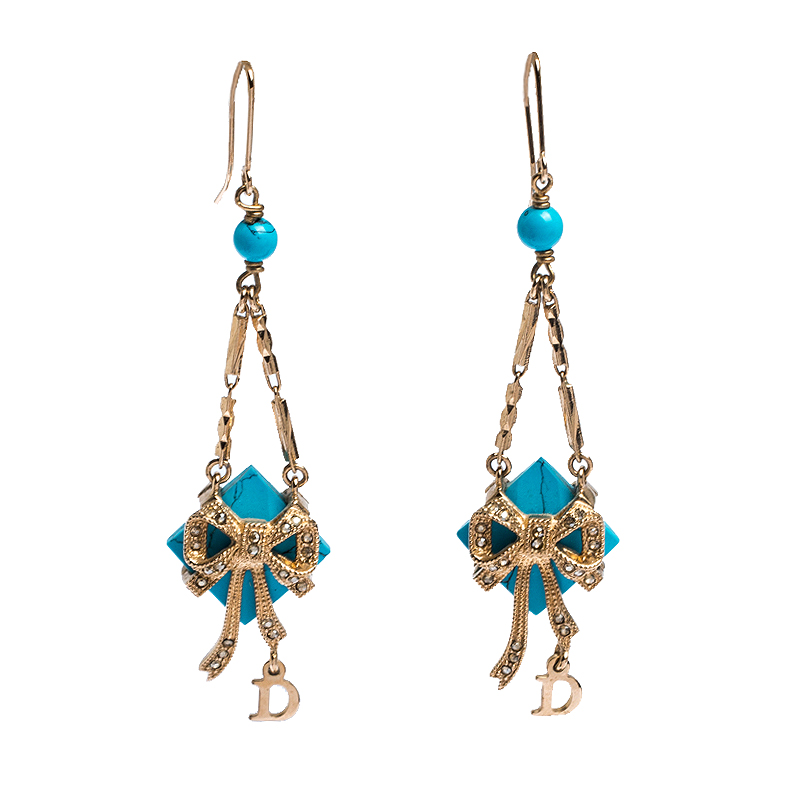 Pre Owned Dior Bow Crystal Blue Stone Gold Tone Hook Dangle Earrings