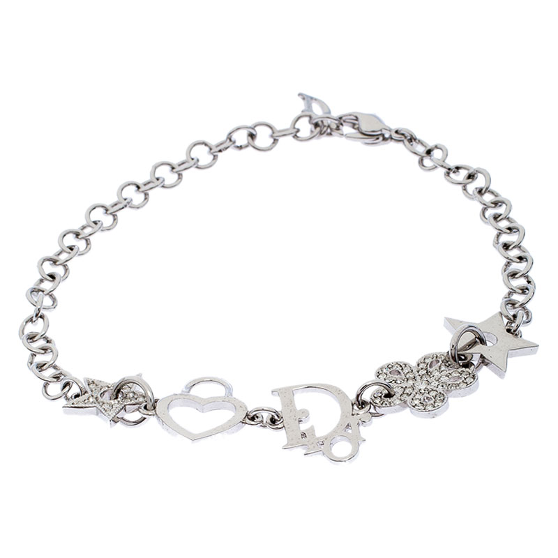Pre Owned Dior Multi Charm Crystal Silver Tone Bracelet