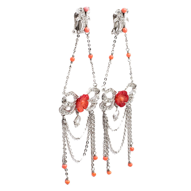 

Dior Silver Tone/Red Crystal Embellished Butterfly Drop Earrings