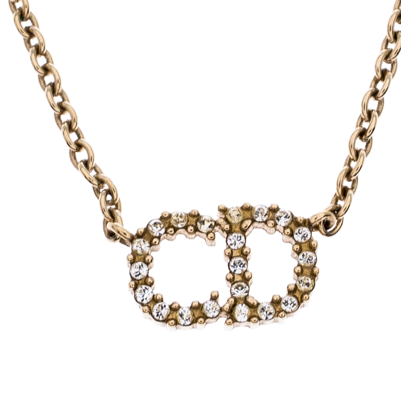 Pre Owned Dior CD Logo Crystal Gold Tone Necklace