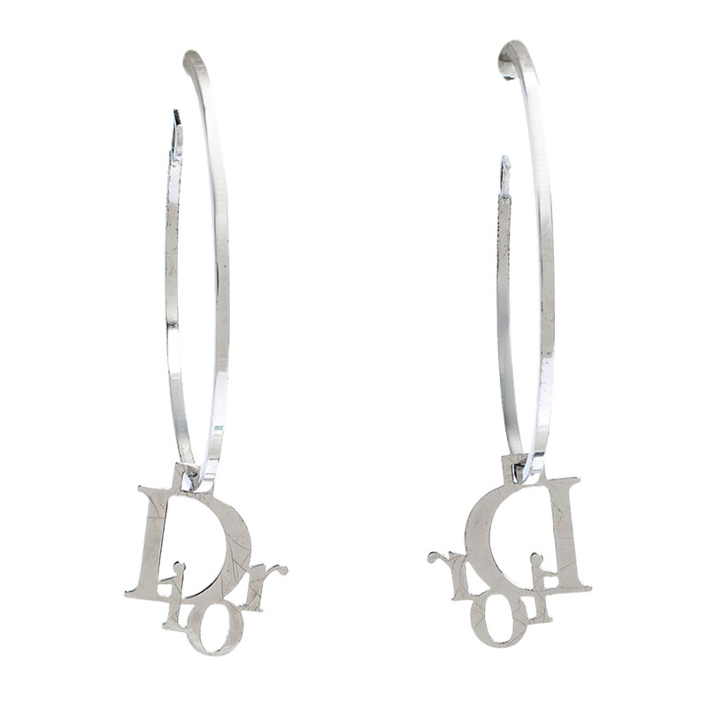 Pre Owned Dior Silver Tone Charm Hoop Earrings