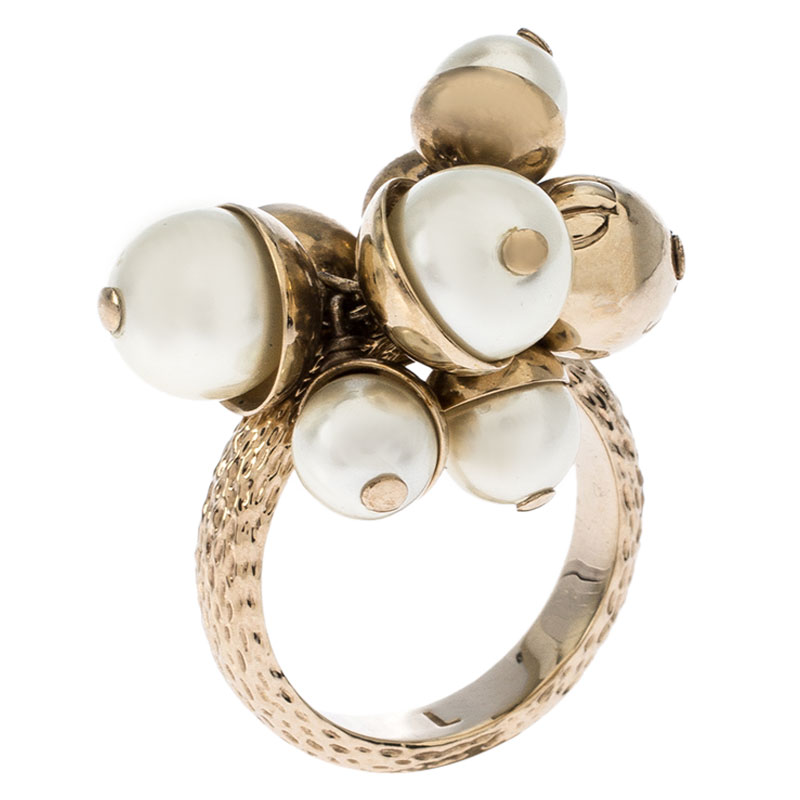 Pre Owned Dior Mise en Dior Faux Pearl Gold Tone Ring Size 55