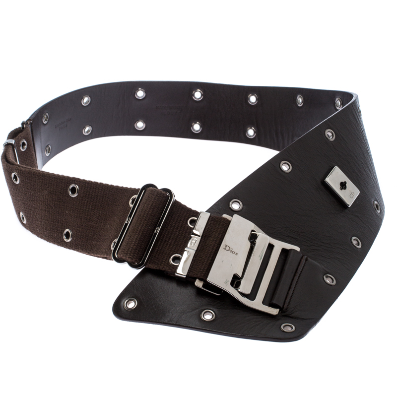Dior Dark Brown Eyelet Leather and Canvas Adjustable Waist Belt