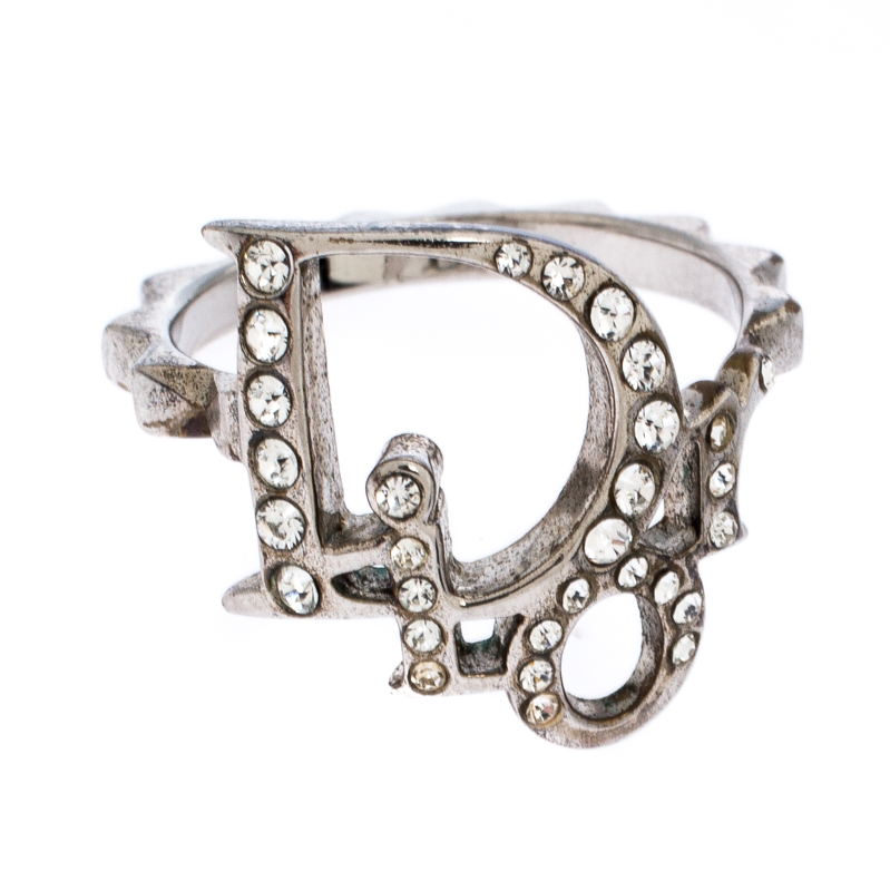 

Dior Logo Crystal Studded Silver Tone Ring Size