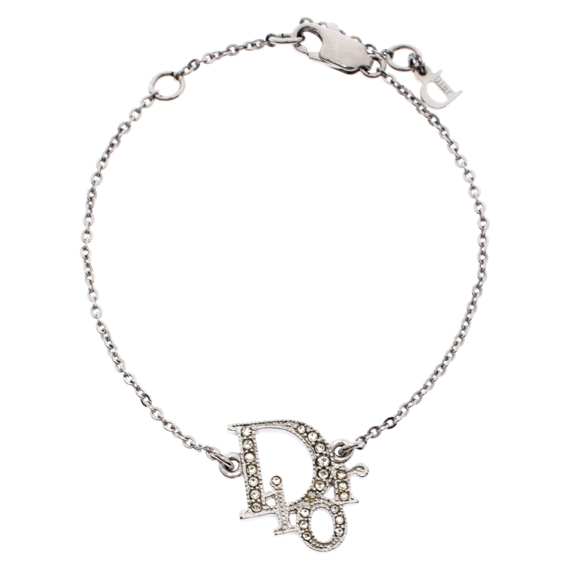 Pre-owned Dior Logo Crystal Studded Silver Tone Bracelet