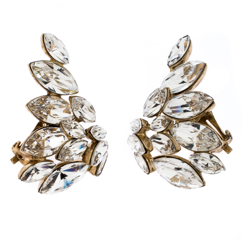 Pre Owned Dior Crystal Gold Tone Clip-on Stud Earrings