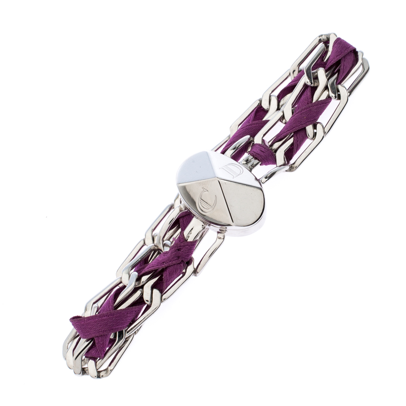 

Dior Purple Ribbon Woven Chain Link Silver Tone Magnetic Bracelet