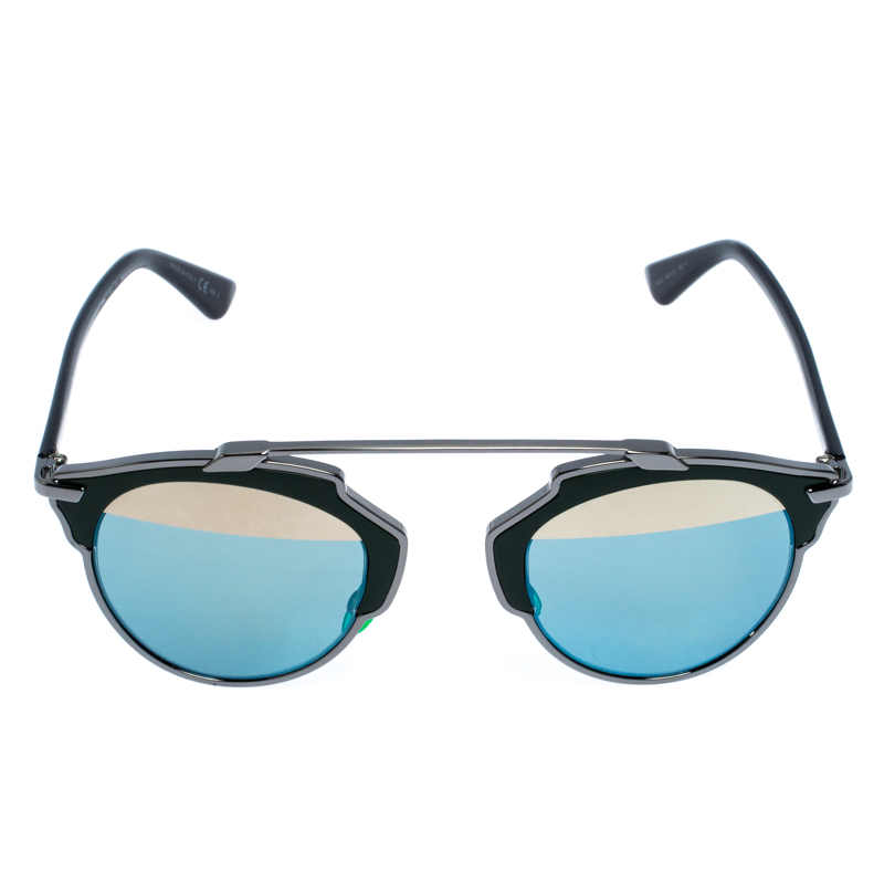 

Dior Dark Ruthenium/Azure Gold Mirror Dior So Real Round Sunglasses, Blue
