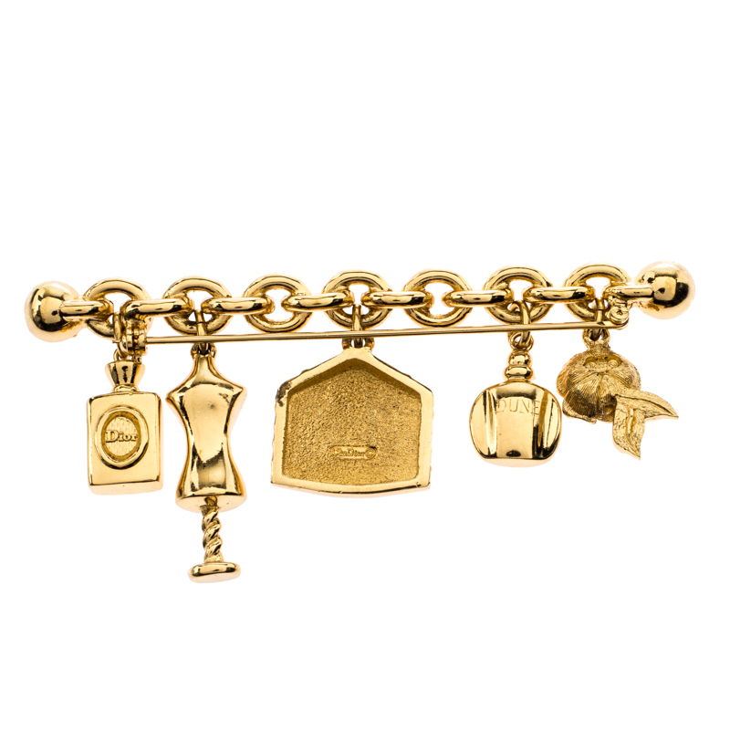 

Dior Vintage Multi Charm Curb Chain Bar Pin Brooch, Gold