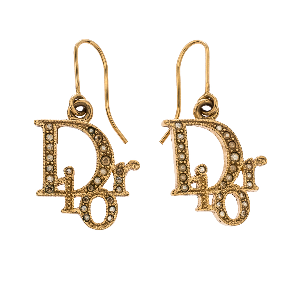 Dior Gold Tone Crystal Embellished Logo Hoop Earrings Dior | The Luxury ...