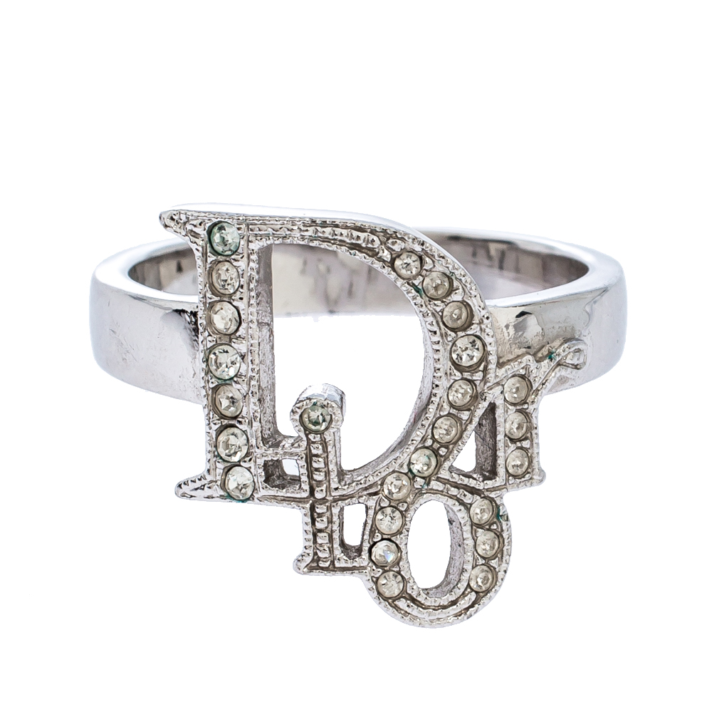 

Dior Silver Tone Crystal Logo Ring Size EU 57