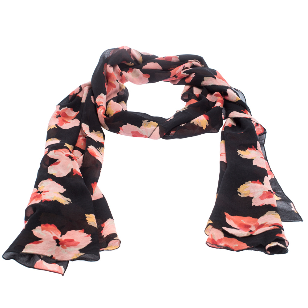 

Dior Black Floral Print Silk Ruffled Hem Scarf