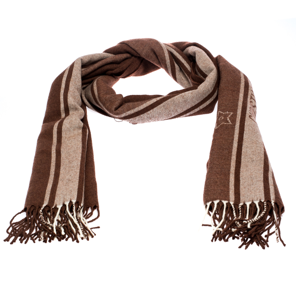 

Dior Brown Wool Jacquard Logo Detail Fringed Scarf