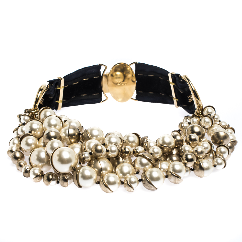 Pre Owned Dior Mise en Dior Faux Pearl Gold Tone Statement Necklace