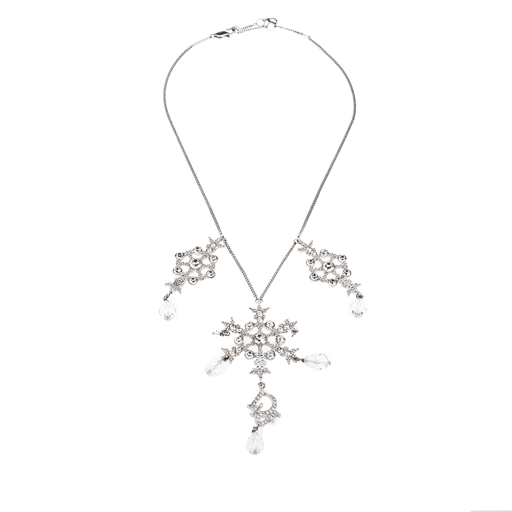

Dior Snowflake Charm Crystal Embellished Silver Tone Pendant Necklace