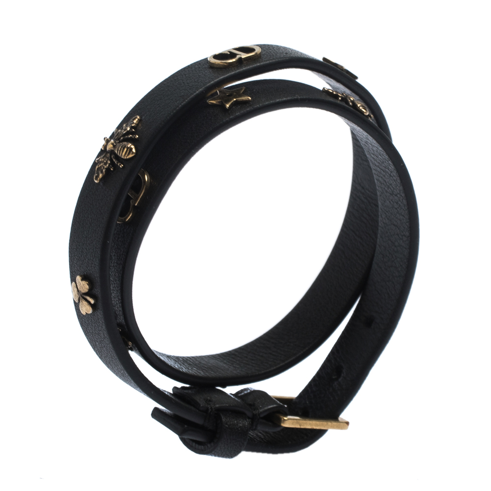 

Dior Black Leather Gold Tone Motif Double Wrap Bracelet