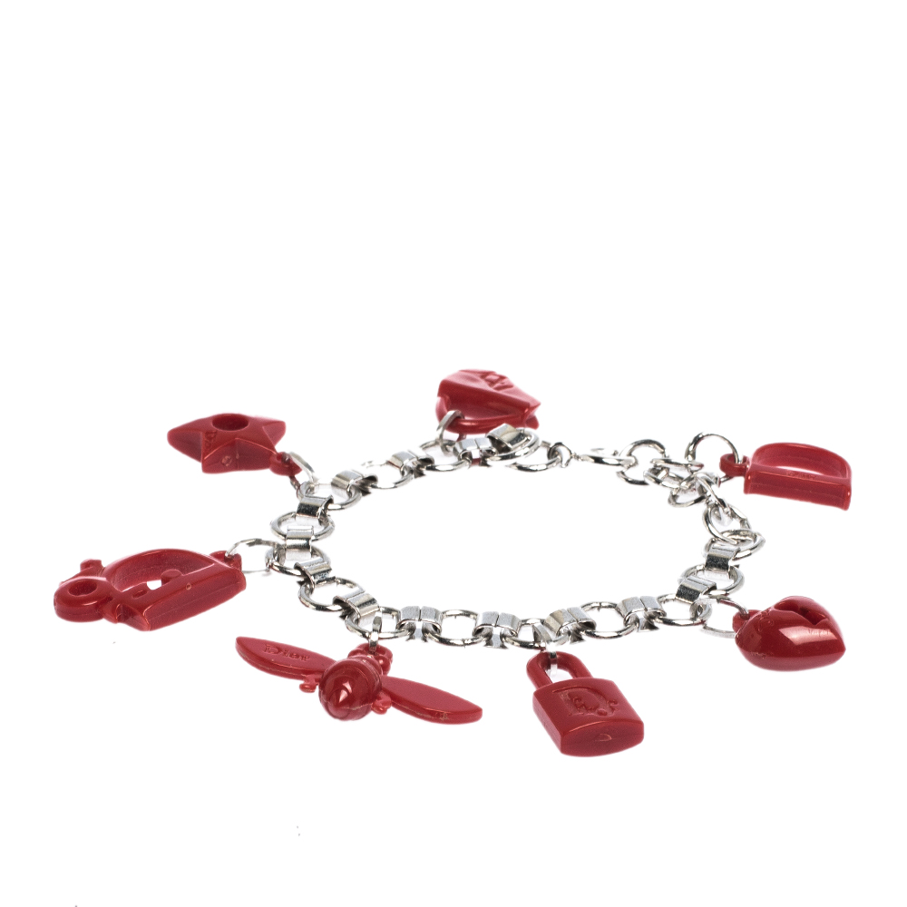 

Dior Red Resin Multi Charm Silver Tone Link Bracelet