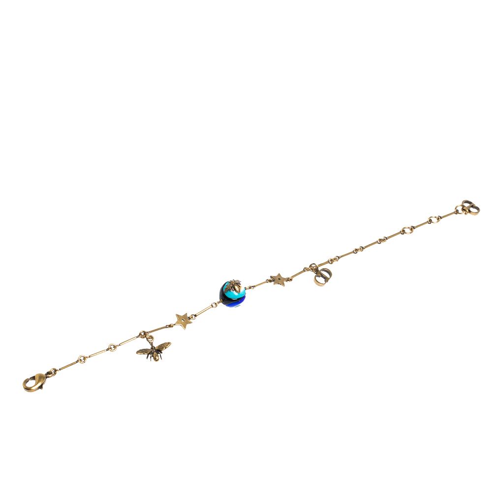 

Dior Antique Gold Tone Logo and Bee Charm Multicolor Bead Bracelet