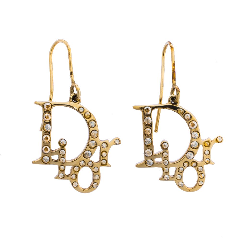 Pre Owned Dior Pale Gold Tone Crystal Oblique Hook Earrings