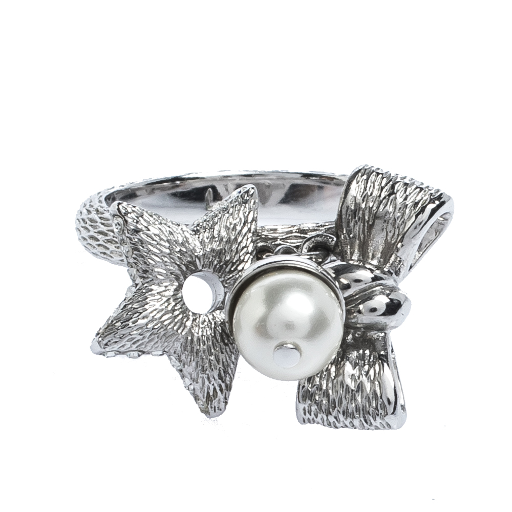 

Dior Silver Tone Bow, Crystal Star & Faux Pearl Charm Ring