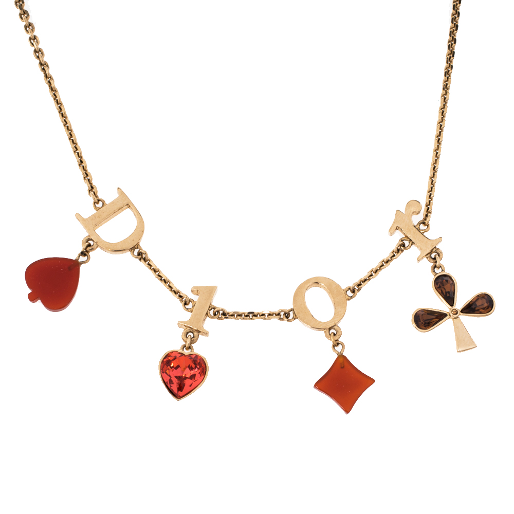 

Dior Logo Charm Crystal Resin Gold Tone Necklace Adjustable