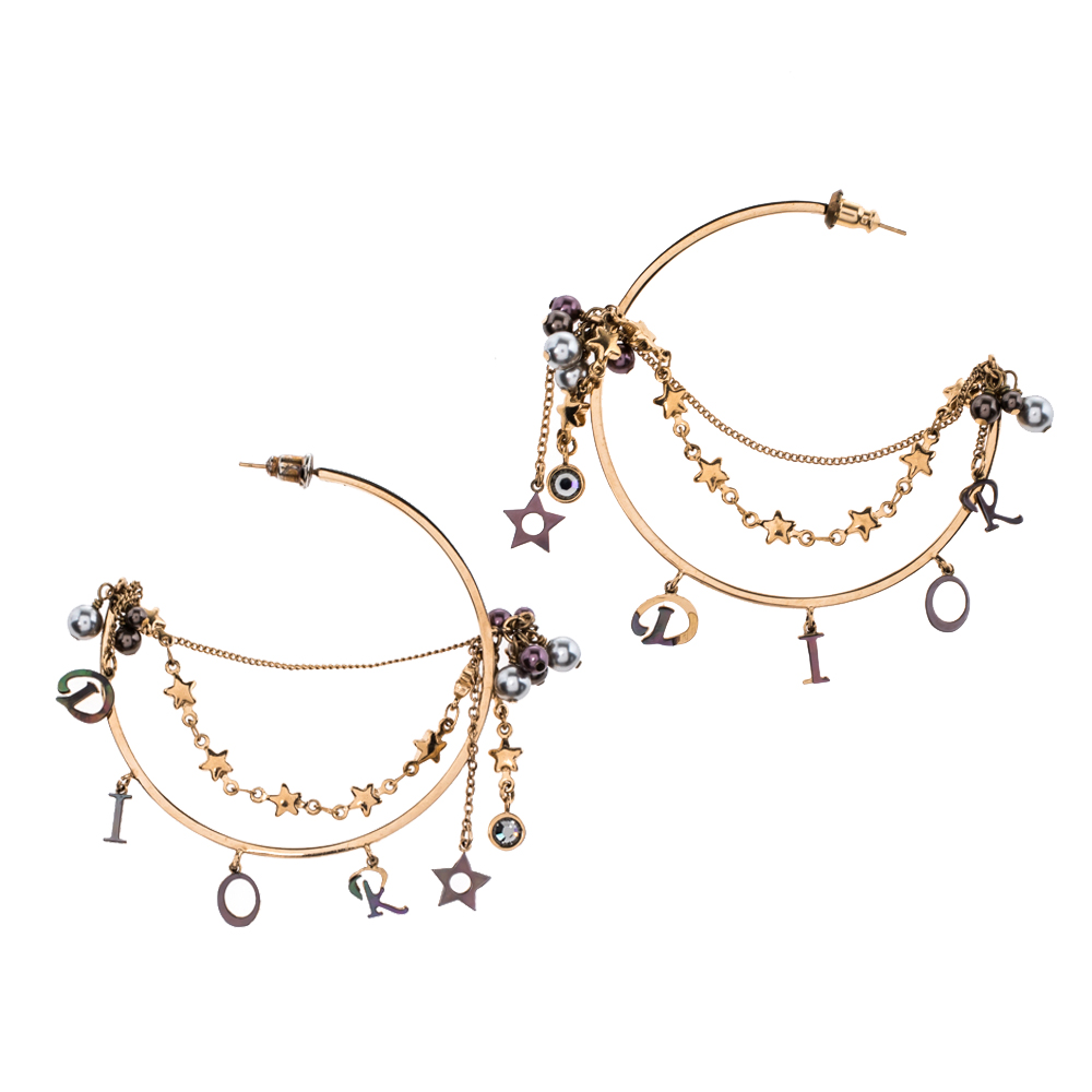 

Dior Crystal & Pearl Fringed Gold Tone Hoop Earrings