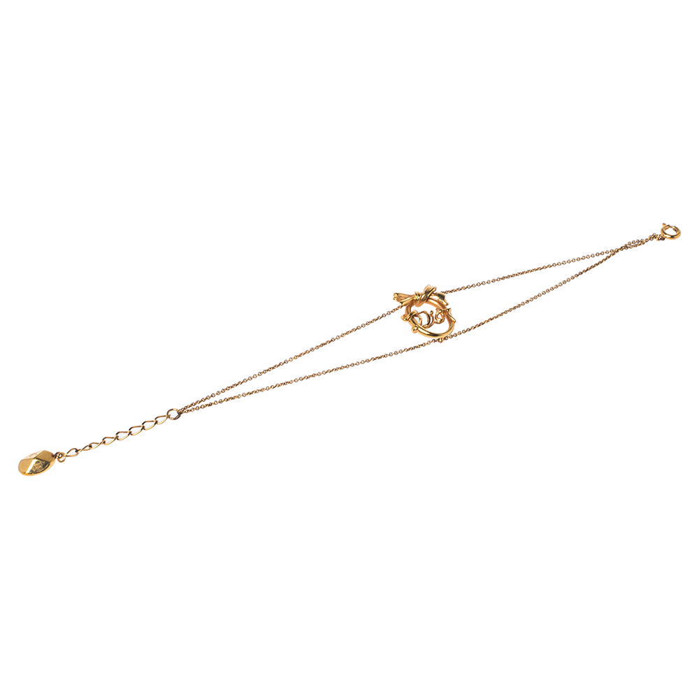 

Dior Vintage Bow Logo Gold Tone Double Chain Bracelet