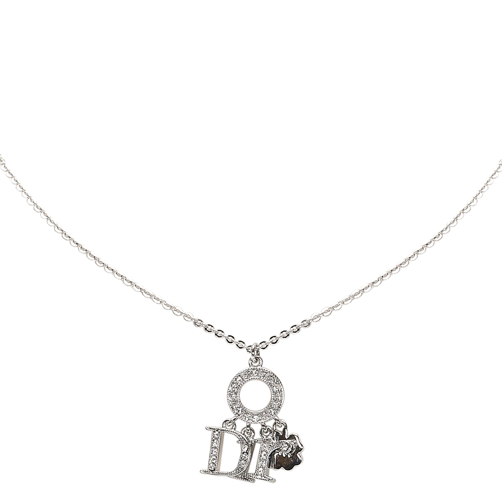 

Dior Silver Tone Metal, Crystal Logo Pendant Necklace