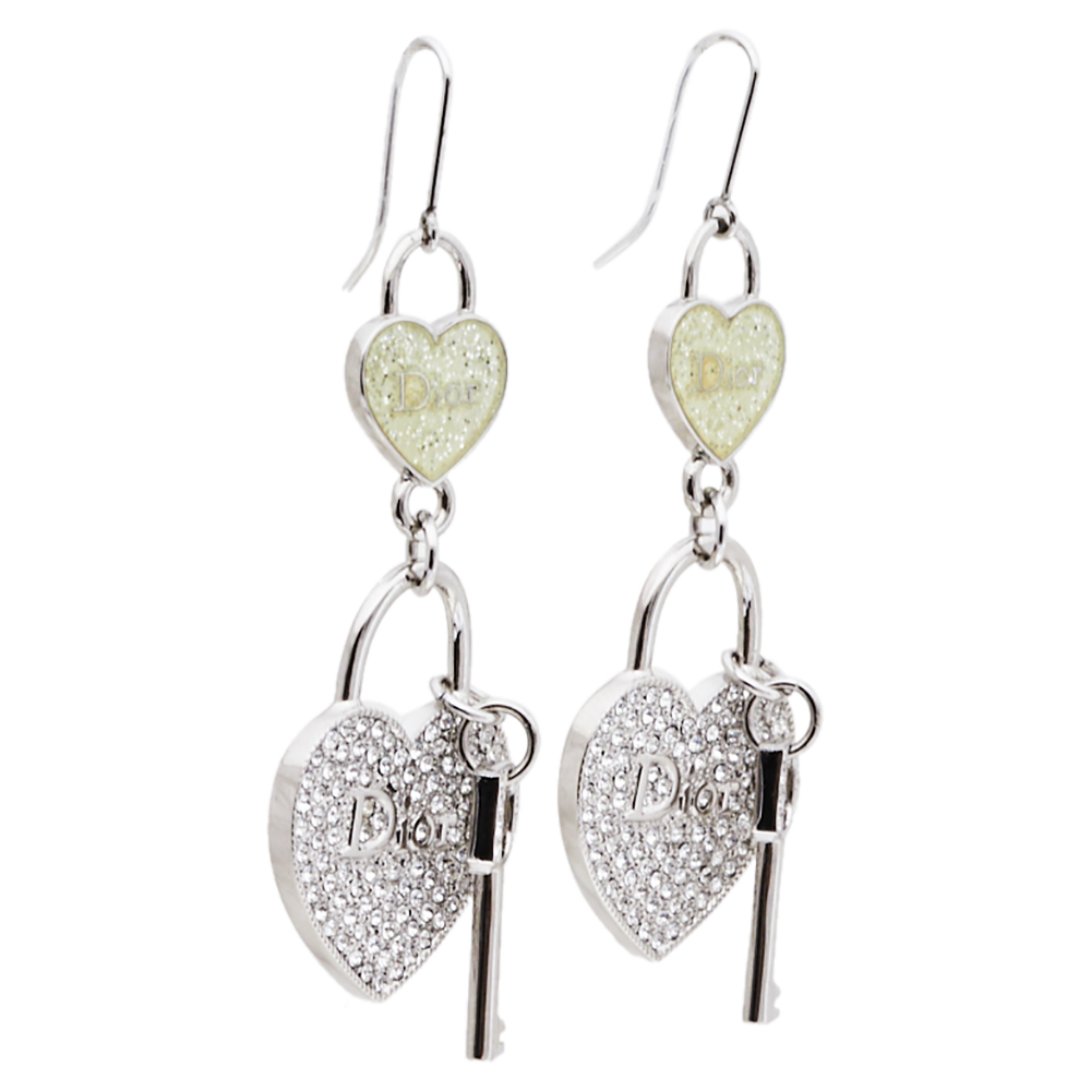 

Dior Heart lock & Key Drop Motif Crystal Silver Tone Hook Earrings