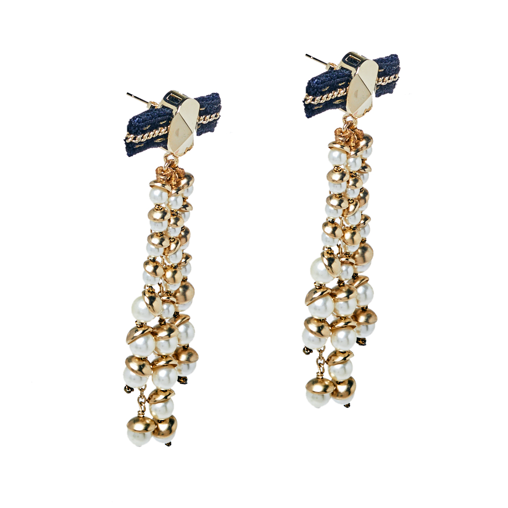 

Dior Faux Pearl Gold Tone Long Drop Earrings