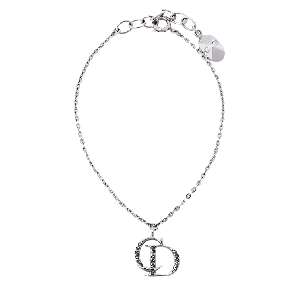 Pre-owned Dior Silver Tone Crystal Logo Charm Bracelet