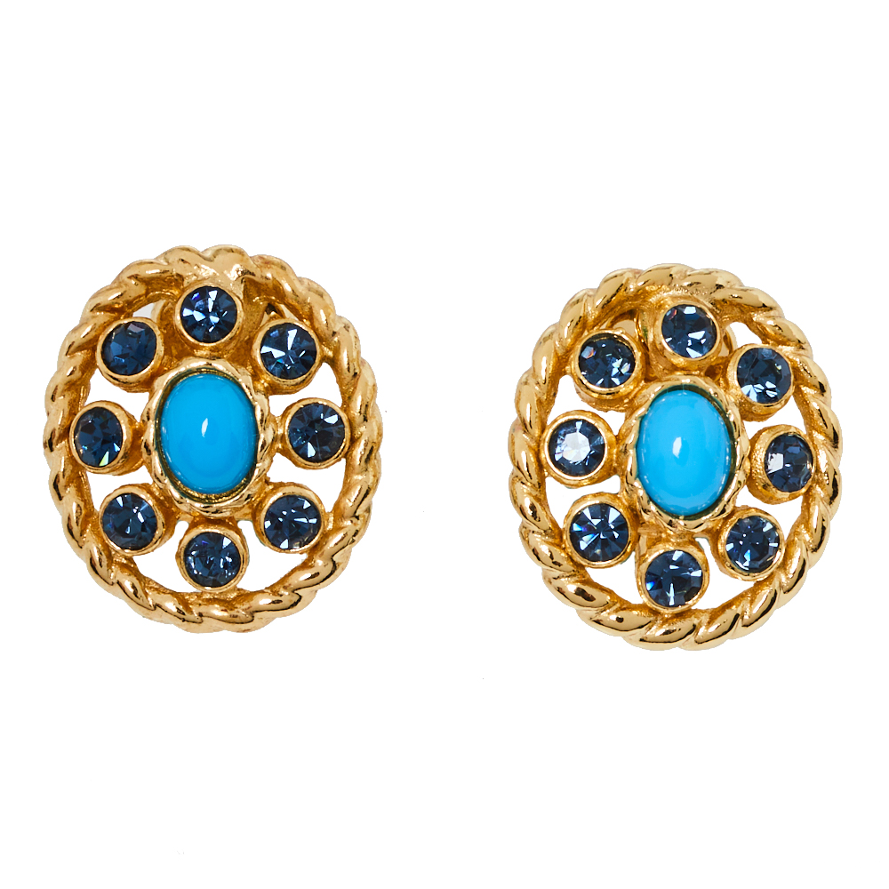 

Dior Vintage Blue Crystal & Bead Embellished Oval Clip-On Earrings