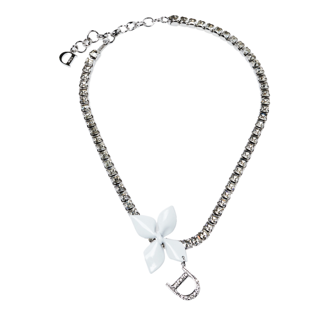

Dior White Flower Charm Crystal Choker Necklace, Silver