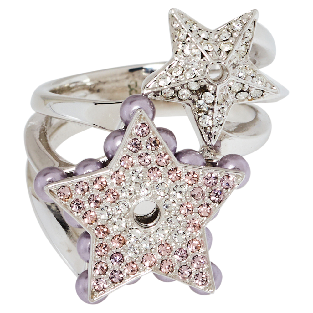 

Dior Double Star Crystal and Bead Cocktail Ring Size EU 57, Silver