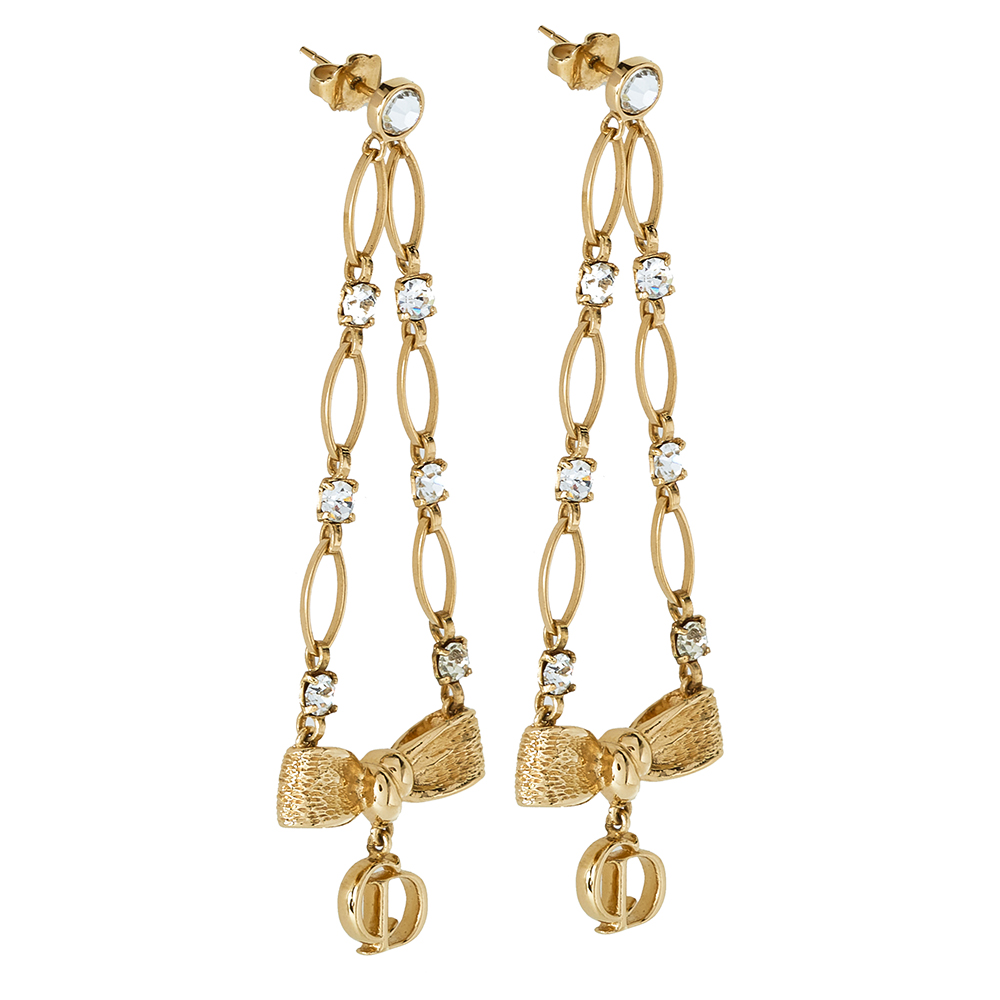 

Dior Gold Tone Crystal CD Bow Charm Dangle Earrings