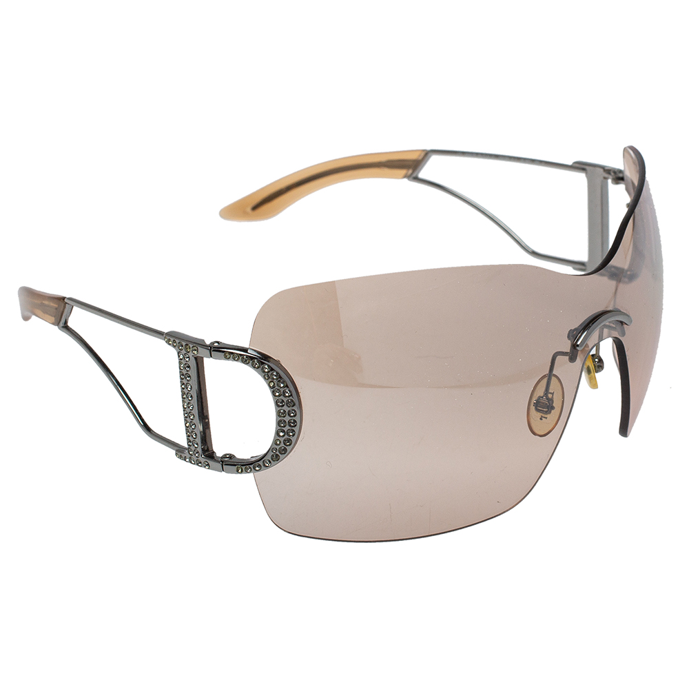 Pre-owned Dior Christian  Silver Tone / Brown Gradient Ly1 Crystal Embellished Shield Sunglasses