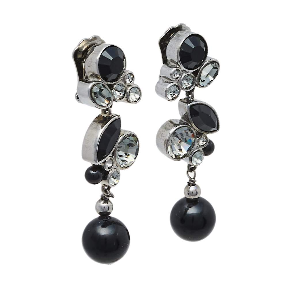 

Dior Silver Tone Noir Crystal Drop Clip On Earrings, Black