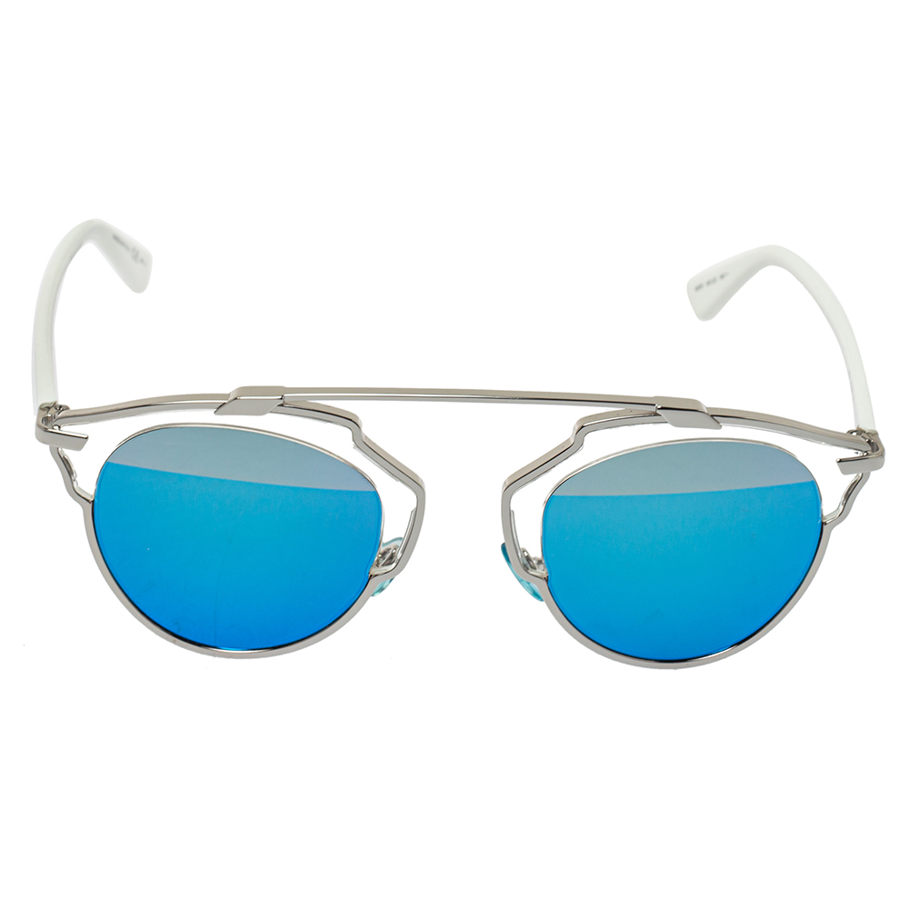 

Dior Silver Tone & White/ Blue Mirrored DiorSoReal Aviator Sunglasses