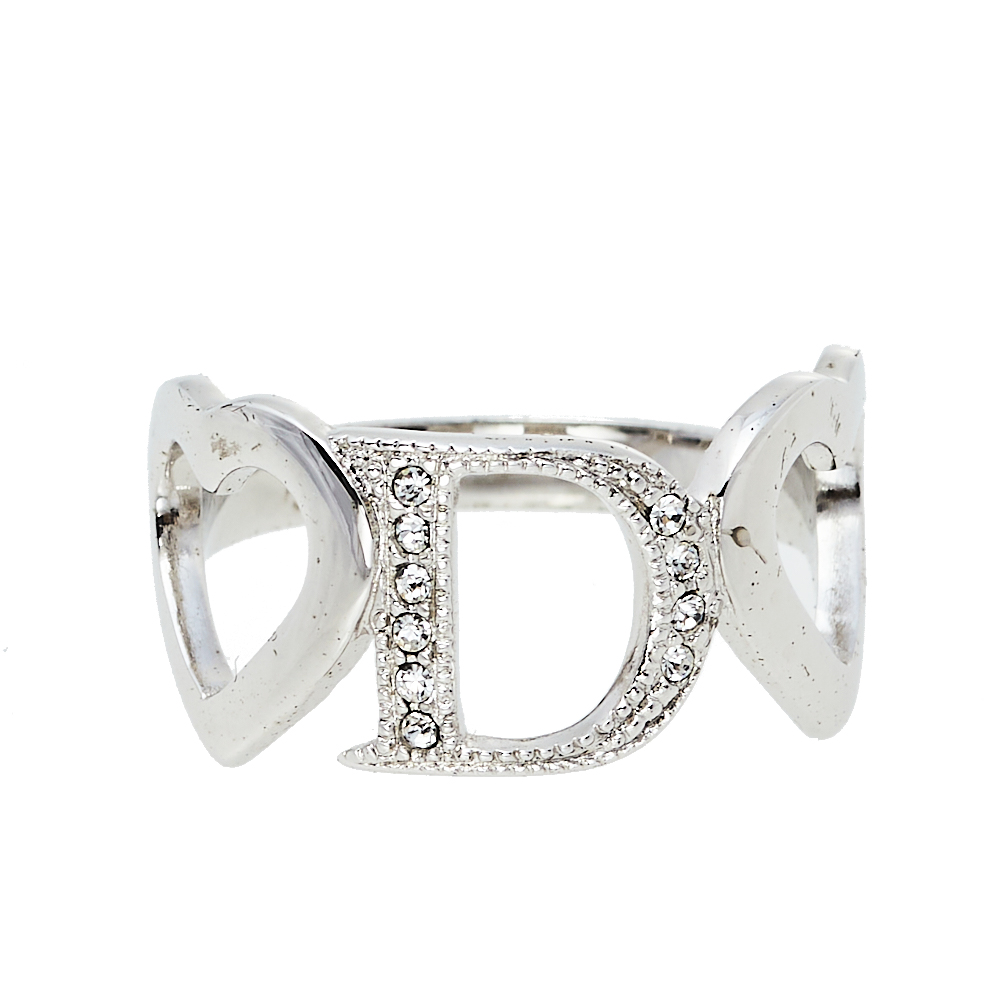 

Dior Silver Tone Crystal Heart Charm Ring Size EU 54.5
