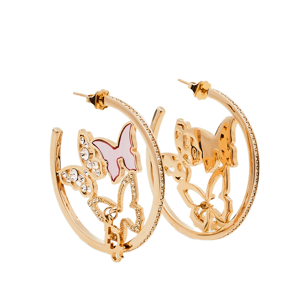 

Dior Pink Mother of Pearl Butterfly Crystal Gold Tone Hoop Earrings