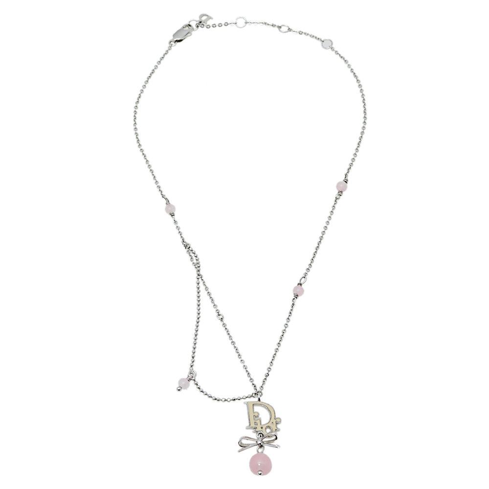 

Dior Silver Tone Beads Logo Bow Pendant Necklace