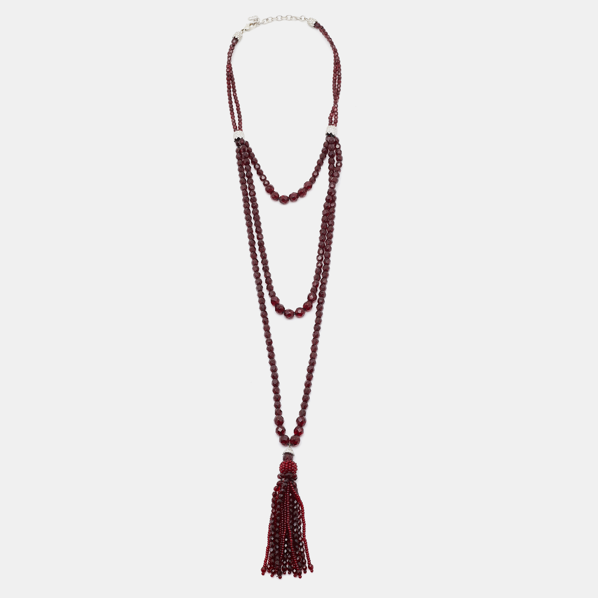 

Dior Vintage Garnet Beaded Tassel Pendant Multi Strand Necklace, Burgundy